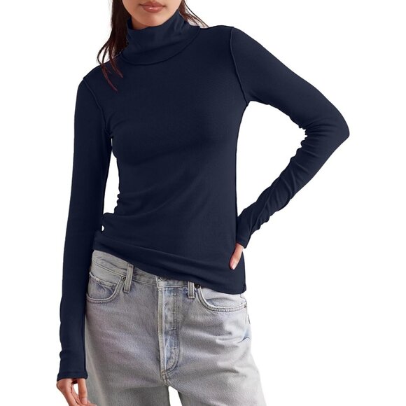 Women's Undershirts Dark Blue All Long Sleeve Ribbed Slim Top Tees - Picture 5 of 5